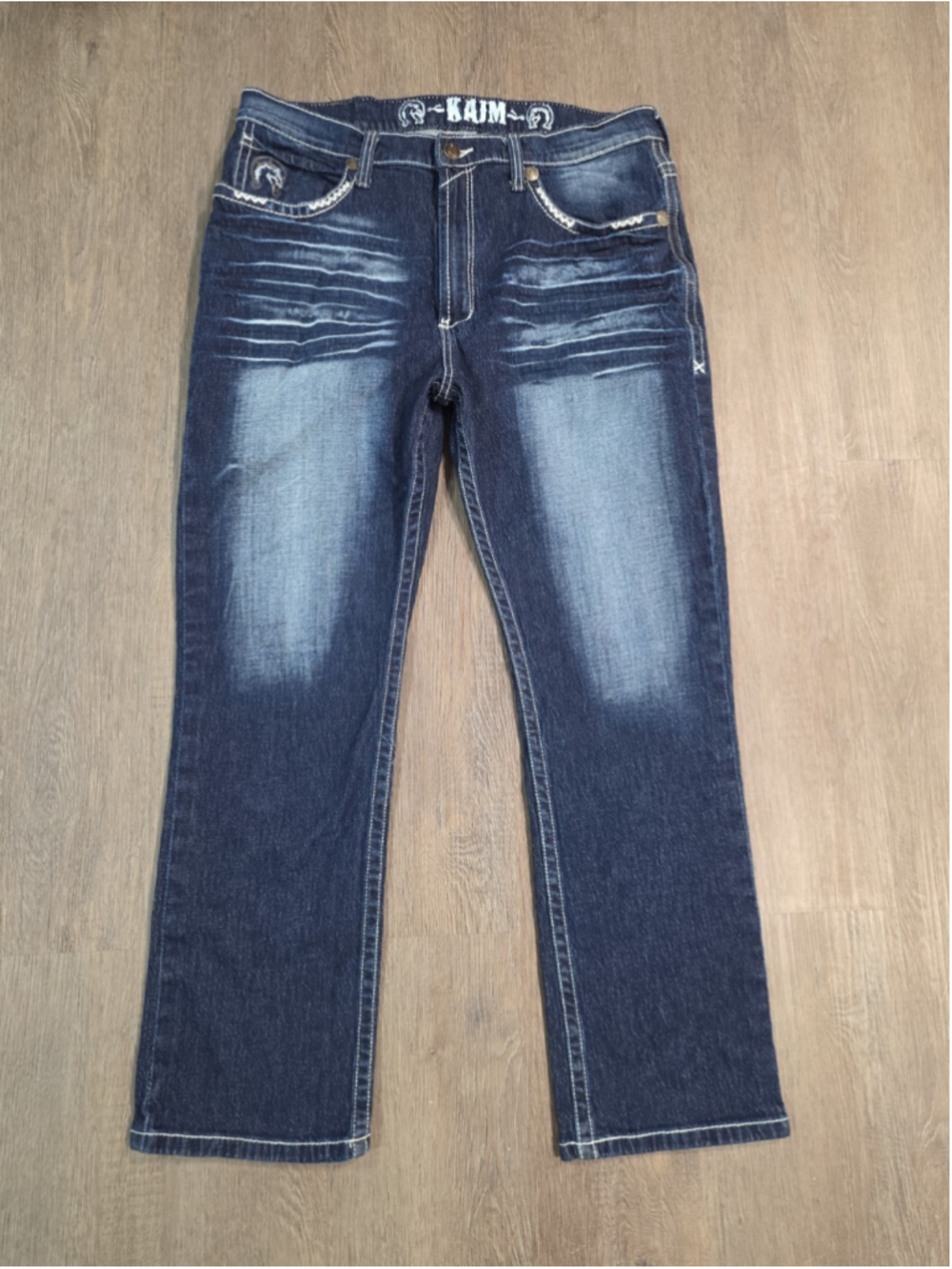 KAJM Jeans Straight Leg Blue Denim Size 42x32 Embroidered